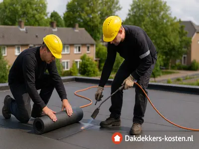 Dakdekkers branden bitumen dakbedekking op een plat dak tijdens dakrenovatie