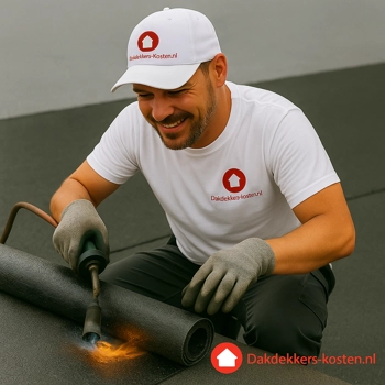 Dakdekker brandt bitumen dakbedekking op een plat dak tijdens dakrenovatie