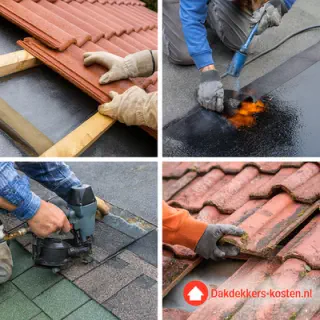 Dakdekkers werkzaamheden zoals dakpannen plaatsen, bitumen dakbedekking branden en dakreparatie