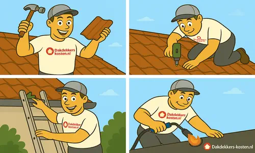 Dakdekkers werkzaamheden: dak repareren, dakpannen plaatsen en bitumen dakbedekking branden