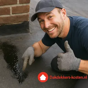 Dakdekker controleert daklekkage op een plat dak tijdens dakinspectie