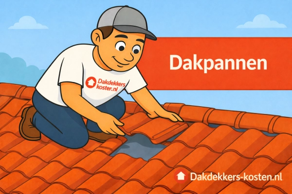 Dakdekker plaatst dakpannen op hellend dak met duidelijke Dakdekkers-kosten.nl logo op shirt