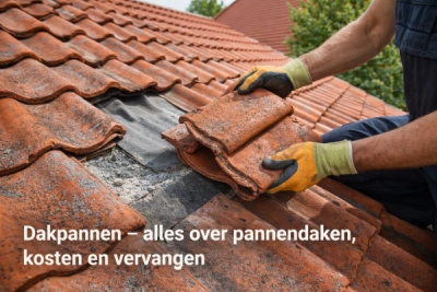 Dakdekker vervangt beschadigde dakpannen op hellend pannendak tijdens dakrenovatie