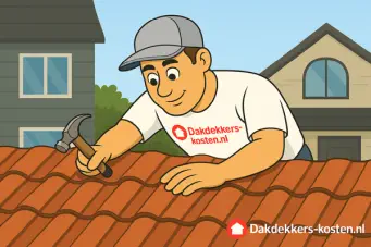 Dakdekker voert dakreparatie uit op pannendak met hamer