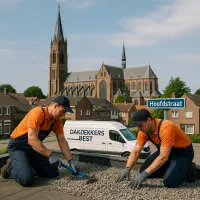 “Dakdekkers op grinddak met zicht op de Sint-Odulphuskerk aan de Hoofdstraat in Best.”