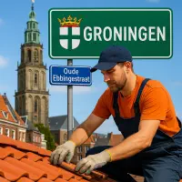 Dakdekker aan het werk op een pannendak in Groningen bij de Oude Ebbingestraat