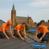 “Dakdekkers leggen leien op een schilddak in Rosmalen met uitzicht op de Sint-Lambertuskerk”