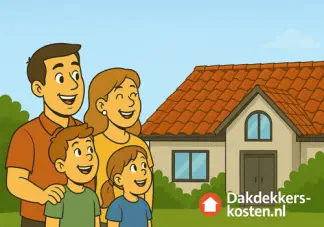 Gezin voor woning met nieuw dak na dakrenovatie door dakdekker