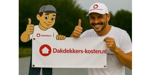Dakdekker met mascotte houdt Dakdekkers-kosten.nl banner vast voor dakdekker informatie en offertes