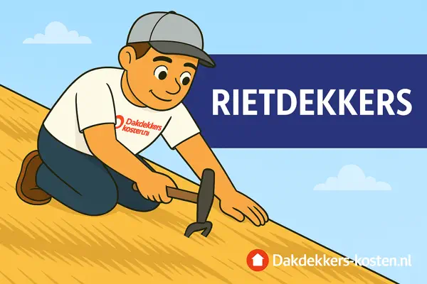 Rietdekker werkt aan rieten dak tijdens plaatsen van rieten dakbedekking