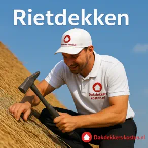 Rietdekker plaatst rieten dakbedekking op traditioneel rieten dak