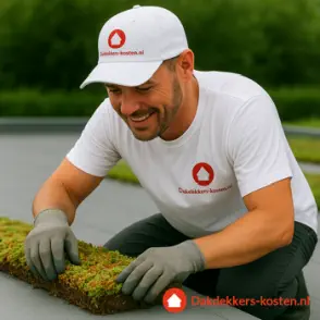 Dakdekker plaatst sedum dakbedekking op een groen dak
