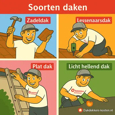 Overzicht van soorten daken: zadeldak, lessenaarsdak, plat dak en licht hellend dak